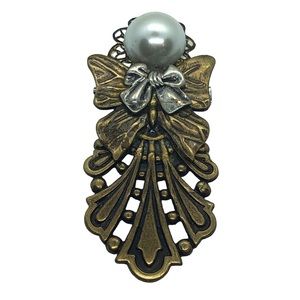 Angel Pin Broach Metal Pearl Gold Bronze Silver Tone Bow Lightweight Vintage